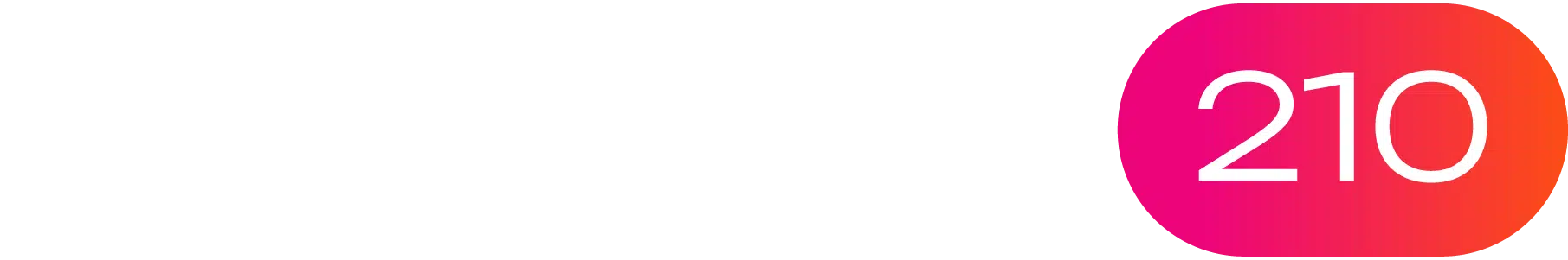 BURO210 Fullservice Marketingbureau Logo met het getal 210 in het wit, tegen een roze-oranje gradiënt achtergrond, prominent aanwezig in de main footer van de website.