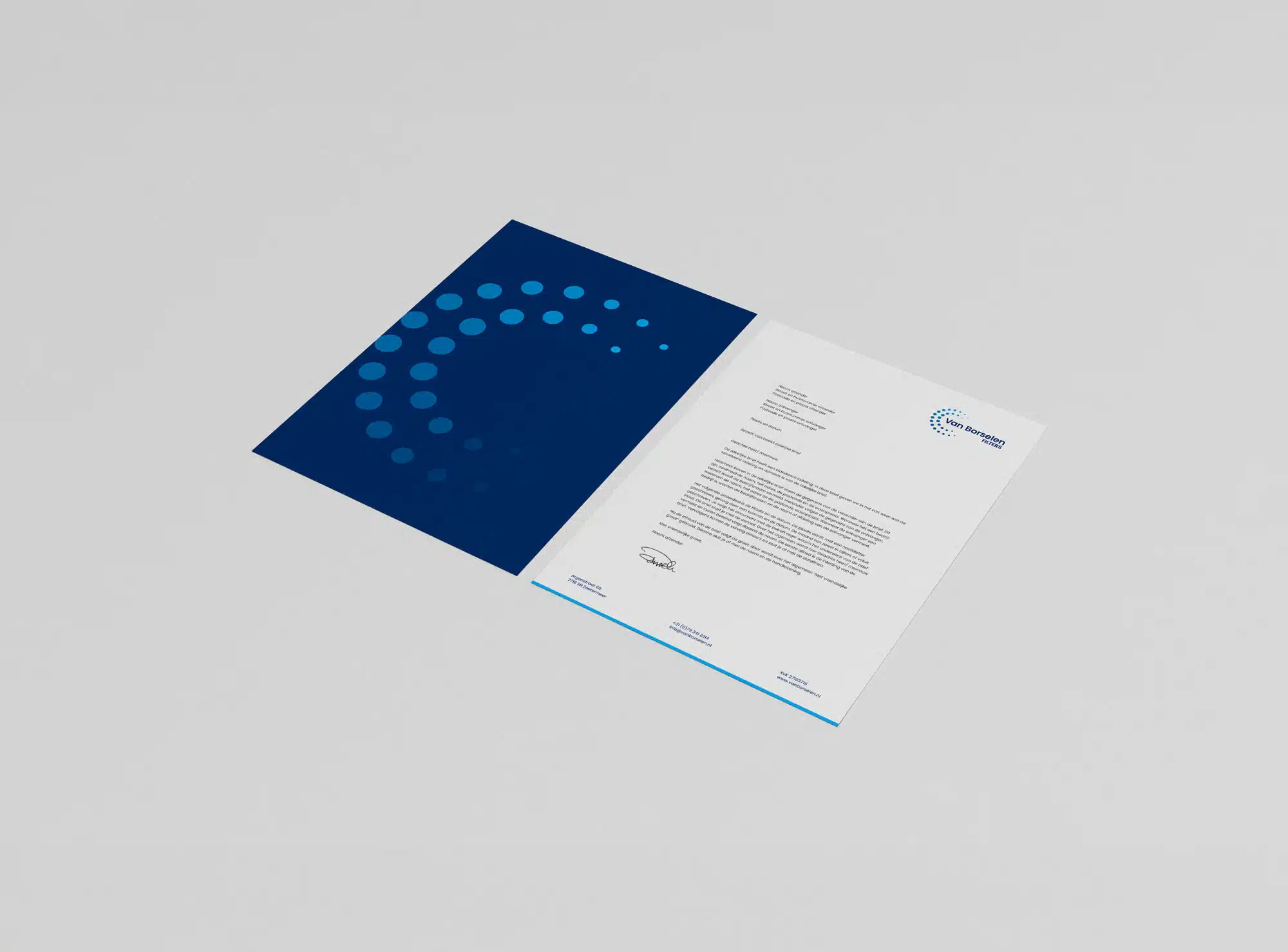 BURO210 Fullservice Marketingbureau Briefpapier en envelop van Van Borselen Filters, toonaangevend in filtertechnologie. Een professionele uitstraling met heldere typografie en een herkenbaar logo.