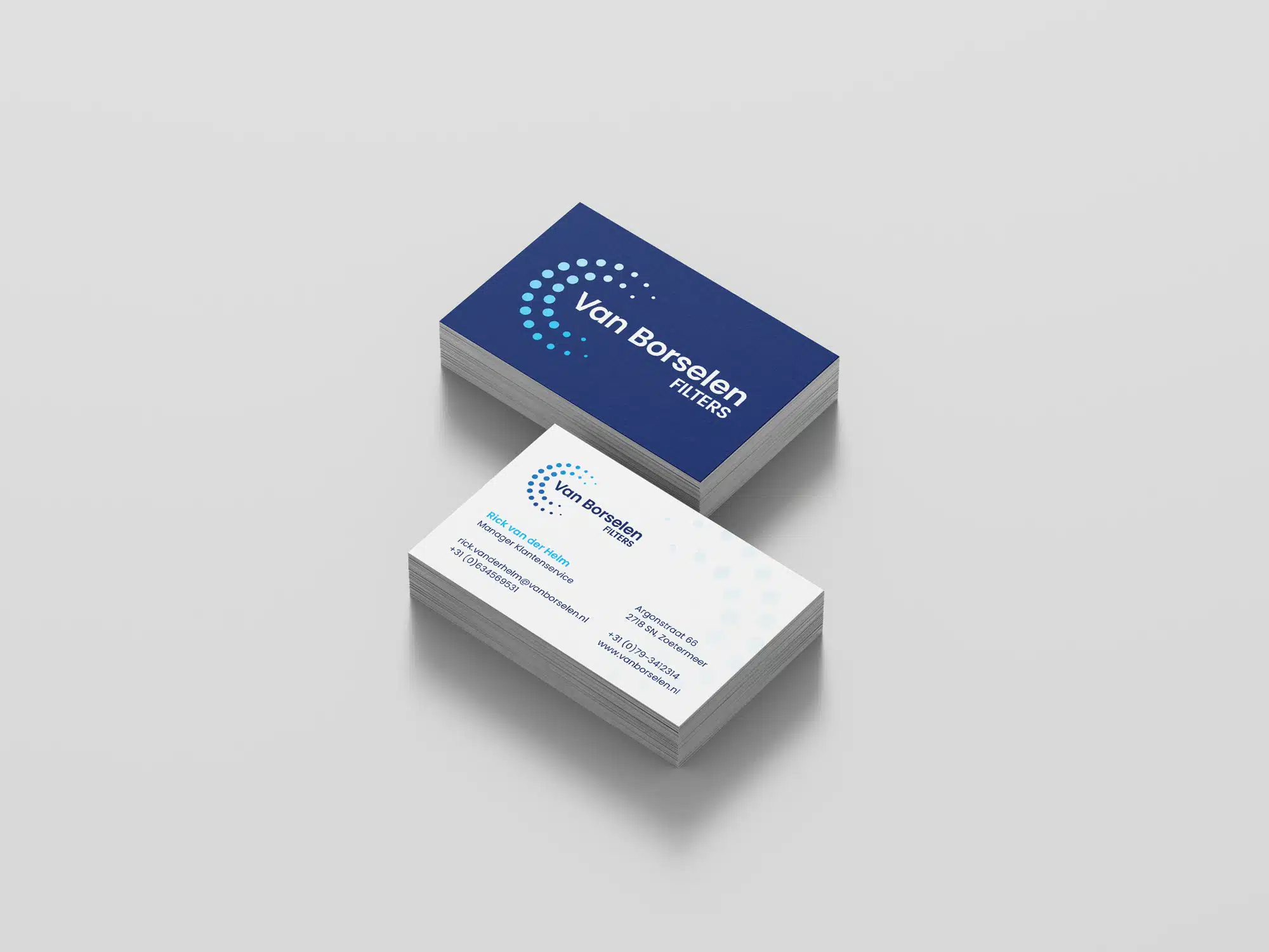 BURO210 Fullservice Marketingbureau Visitekaartjes van Van Borselen Filters in Zoetermeer, met contactgegevens van Rick van der Helm en website adres van het bedrijf.