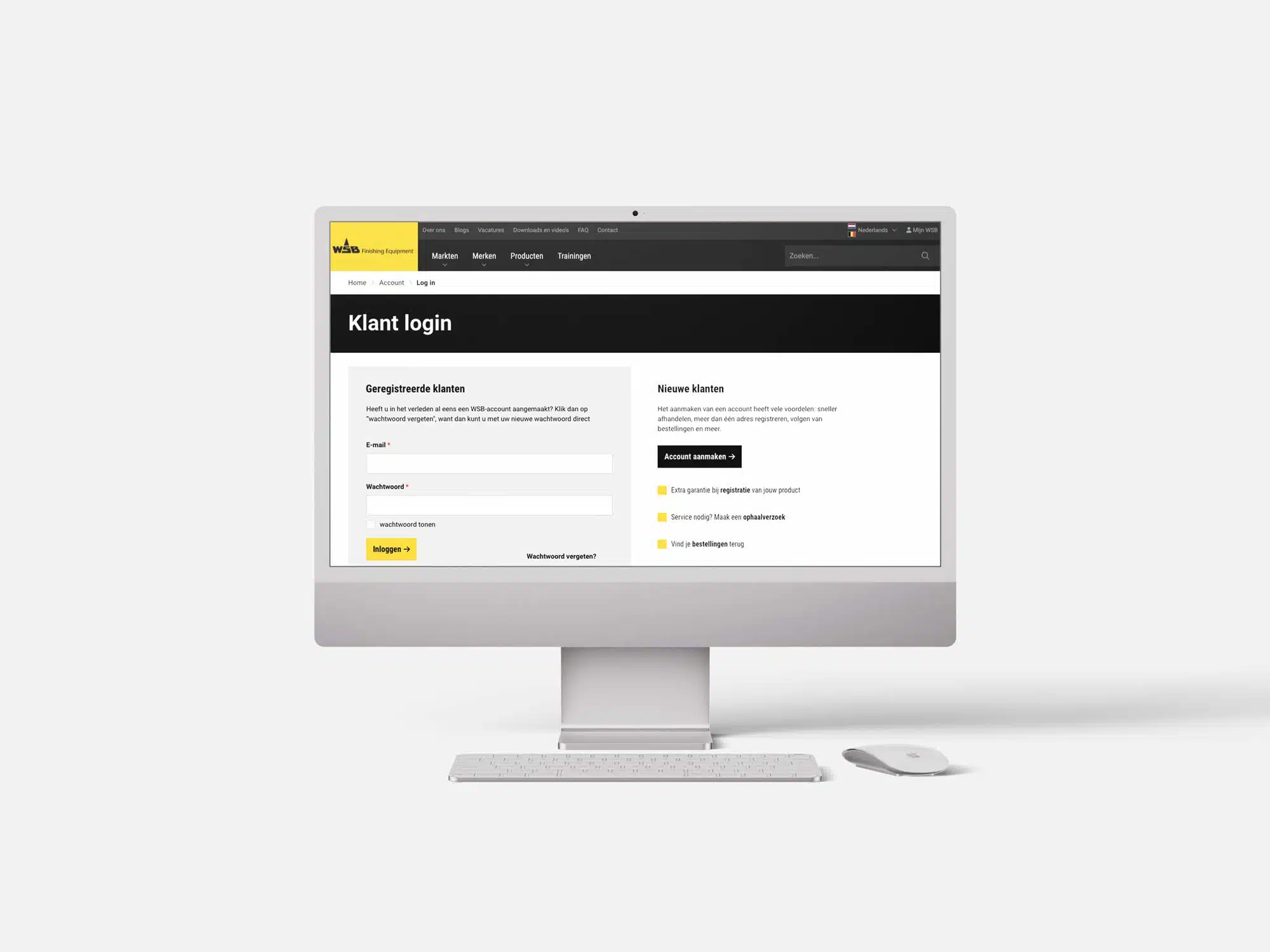BURO210 Fullservice Marketingbureau Inlogpagina van WSB Benelux op een computer. Inloggen voor geregistreerde klanten of een account aanmaken voor nieuwe klanten bij WSB Benelux.