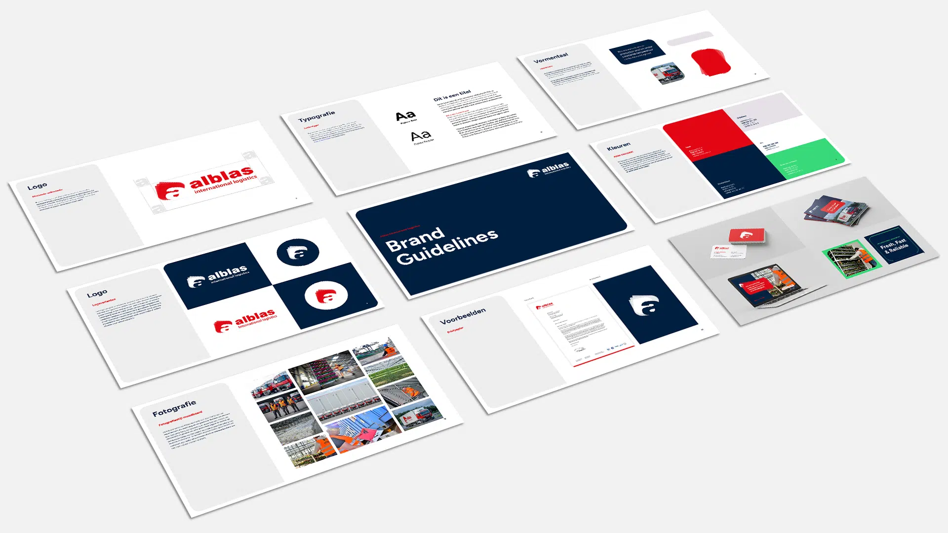 BURO210 Fullservice Marketingbureau Brandrichtlijnen van Alblas International Transport, met het logo, typografie, kleuren en voorbeelden van toepassingen. Bekijk de huisstijl van Alblas International.